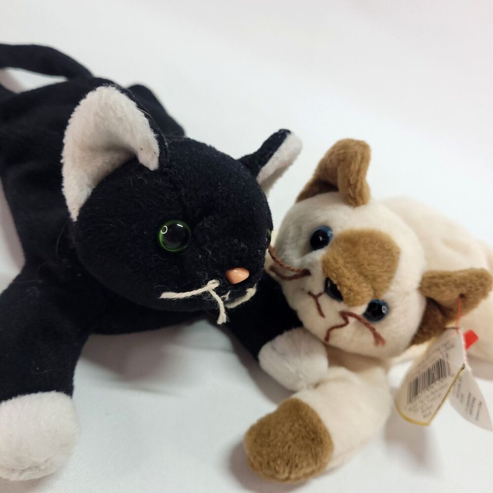 Snip & Zip Cat Beanie Babies TY Plush 8" Kitty 1993/1996 Tuxedo & Siamese